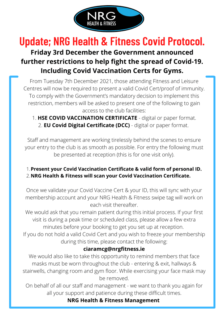 UPDATE NRG Health & Fitness Cork Covid Protocol NRG Fitness