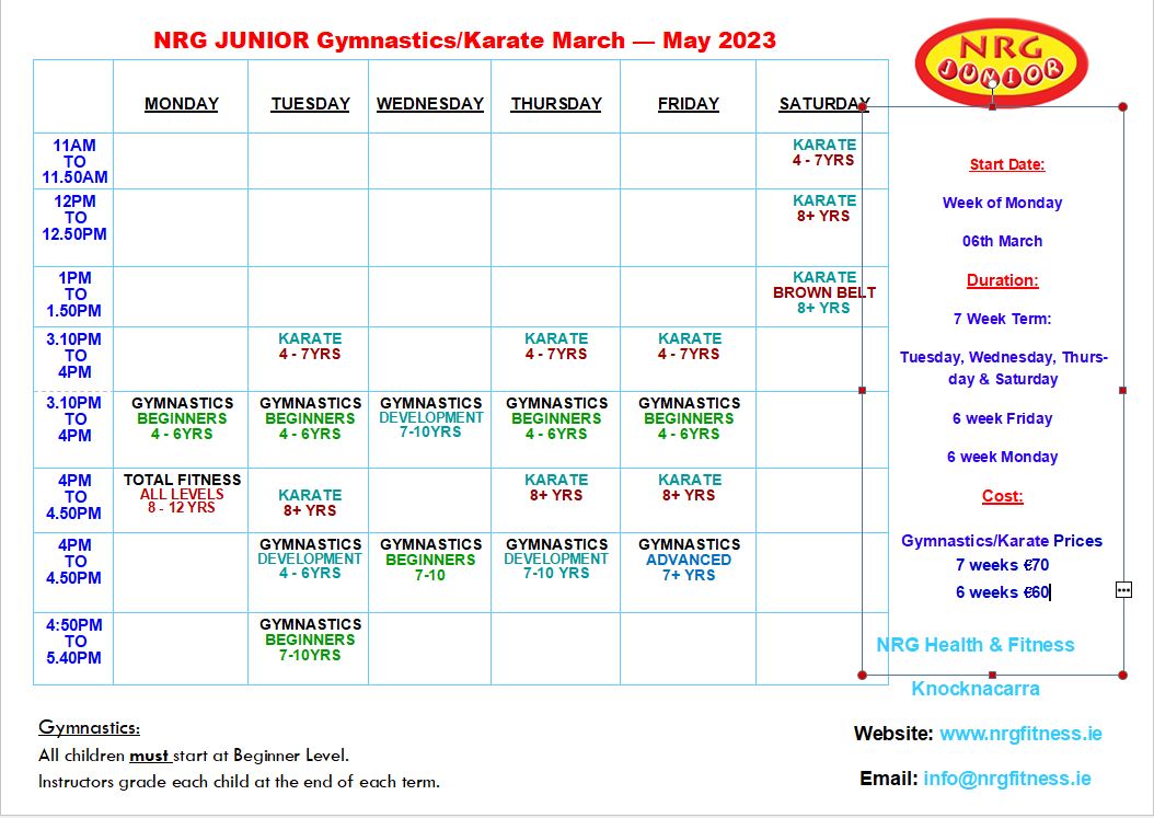 Gymnastics Karate Timetable March 06th 2023