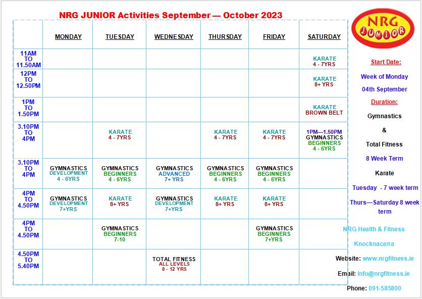 Gymnastics Karate Timetable September 2023