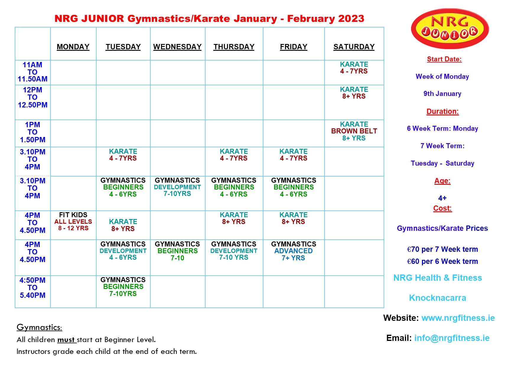 Jan 2023 - Gymnastics & Karate Timetable