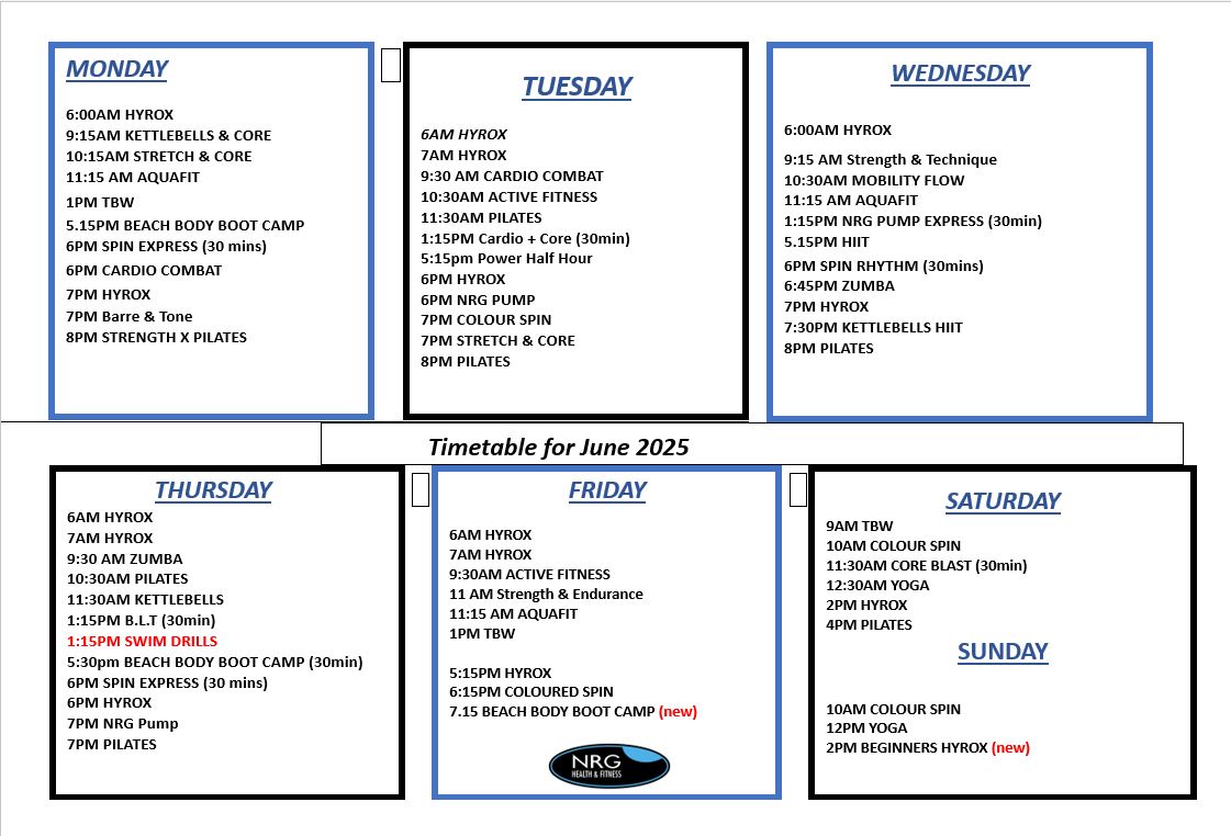 June 2025 Class timetable