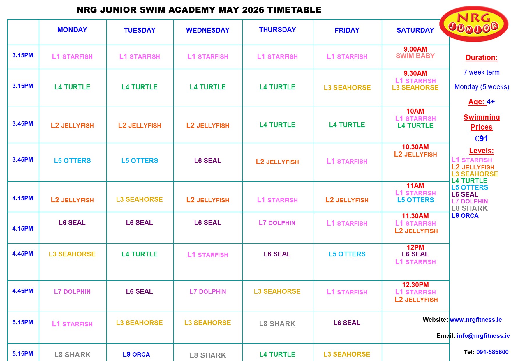 Knocknacarra Swim timetable May 2026