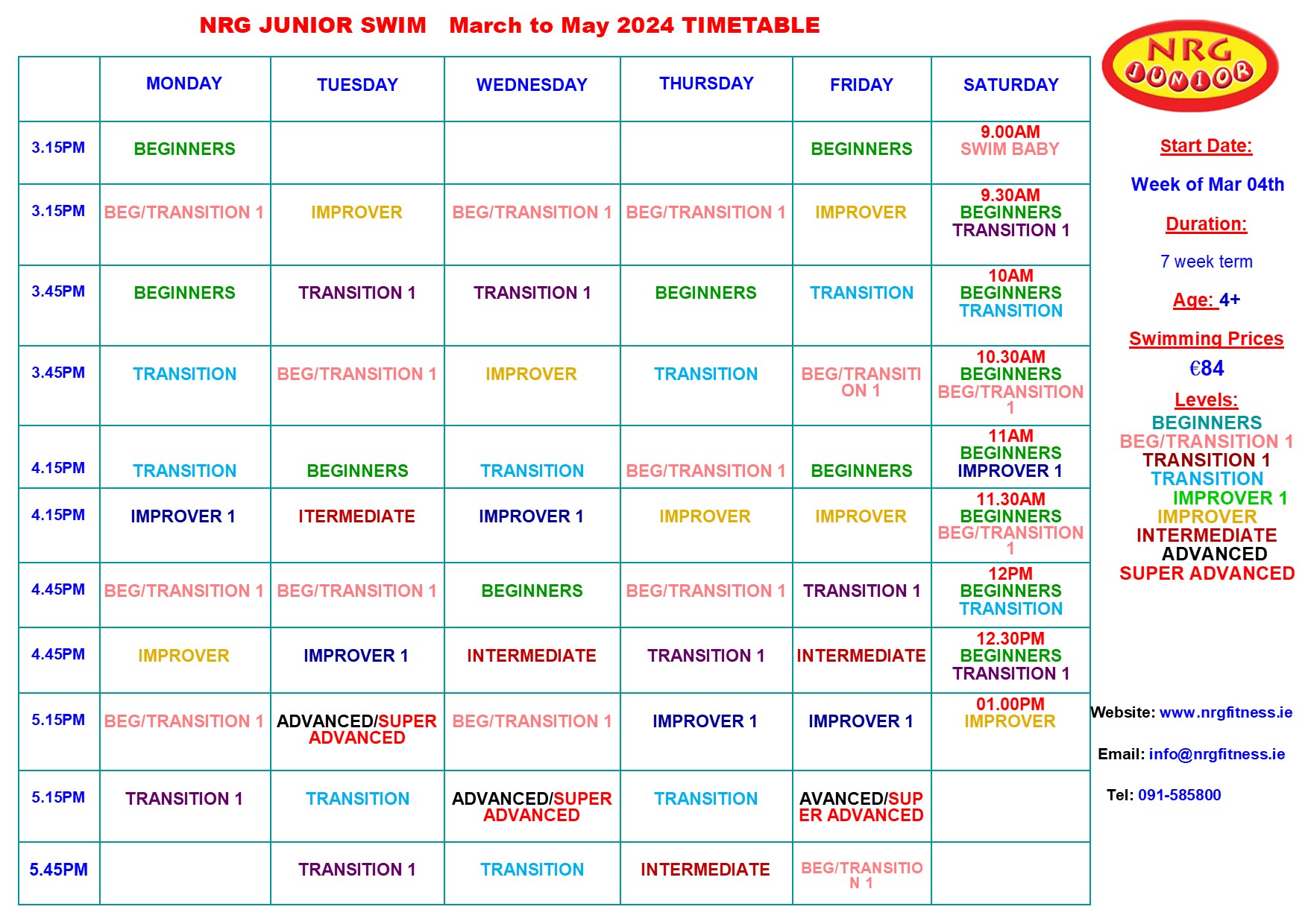 March Swim timetable 2024
