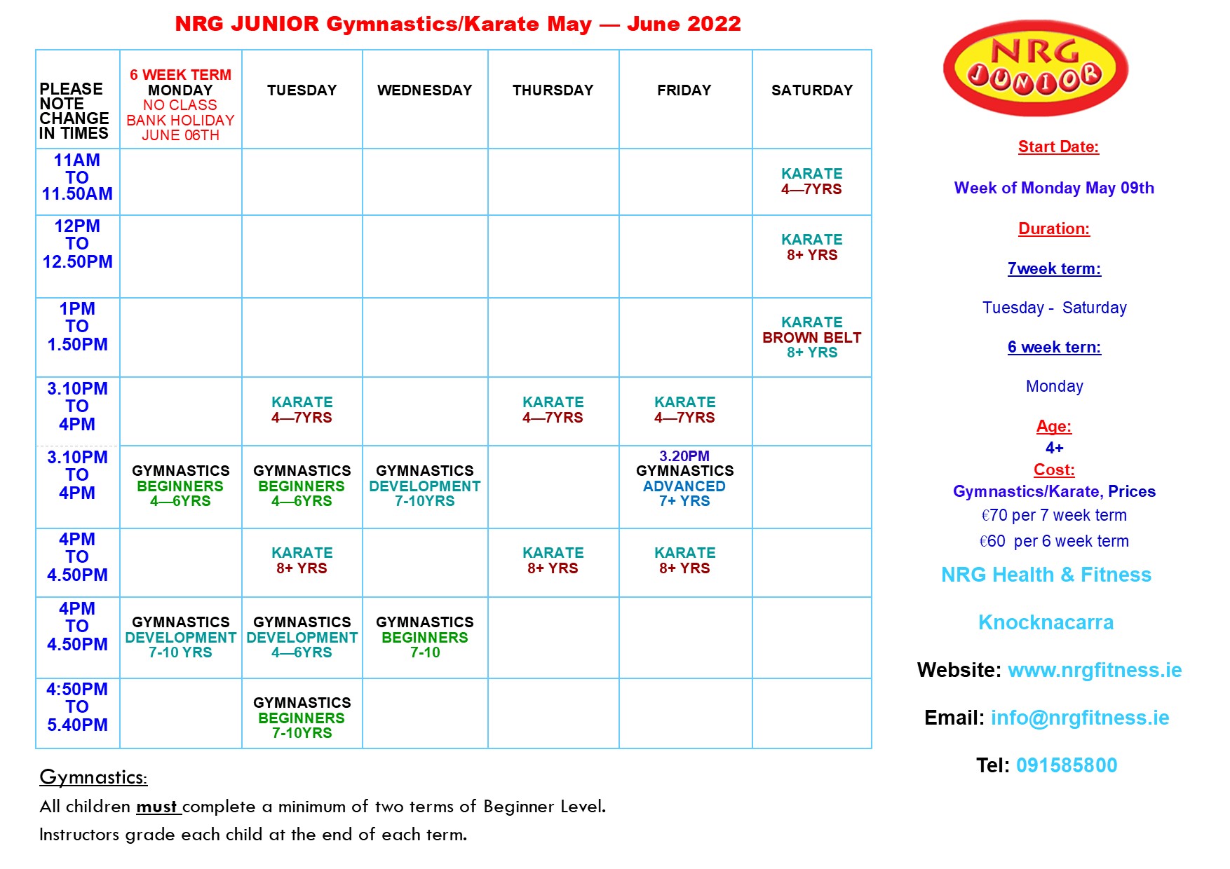 May - June 2022 - Gymnastics & Karate Timetable