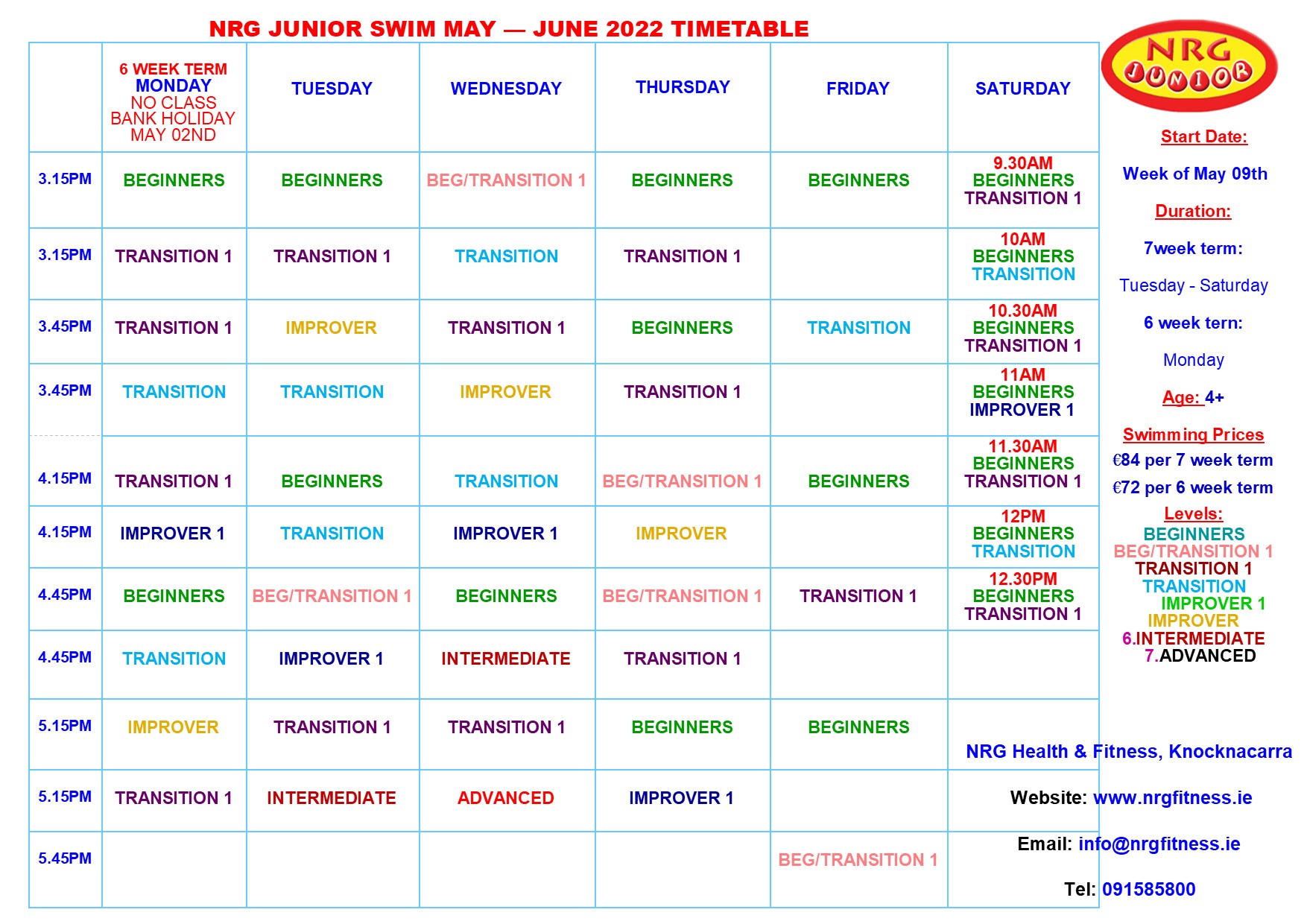 May - June 2022 Swim Timetable