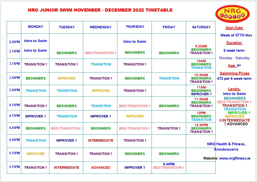 Nov - Dec Junior Swim timetable 2022