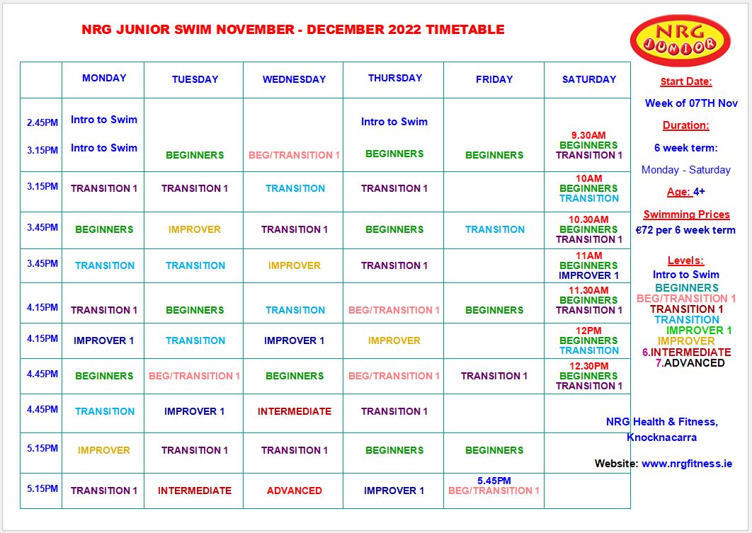 Nov - Dec Junior Swim timetable 2022 Nov - Dec Junior Swim timetable 2022