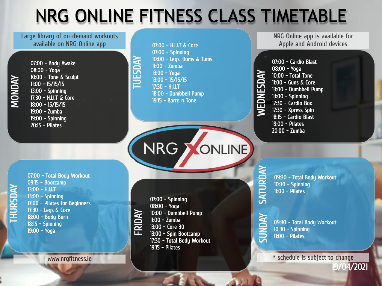 NRG Online Class Timetable April 2021